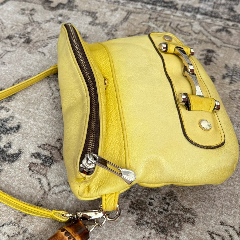 Sunny Yellow Leather Crossbody with Horsebit like and Bamboo Tassel Accent - Picture 5 of 10